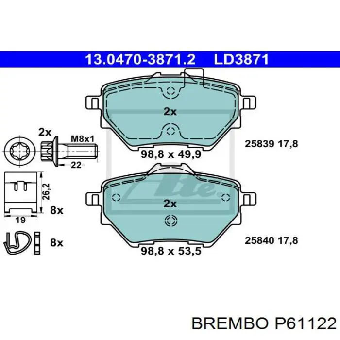 P61122 Brembo Колодки тормозные дисковые комплект