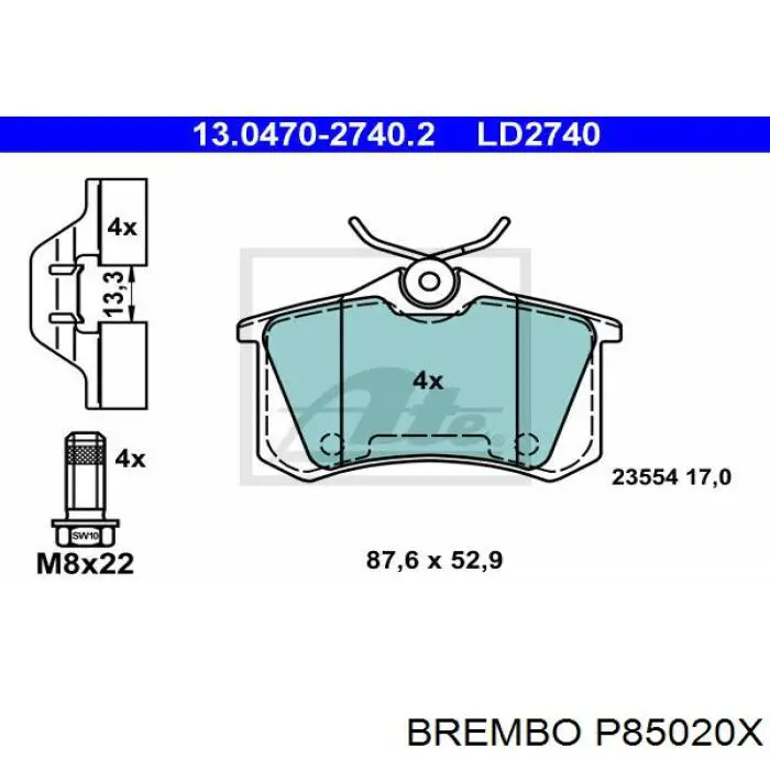 Задние тормозные колодки P85020X Brembo