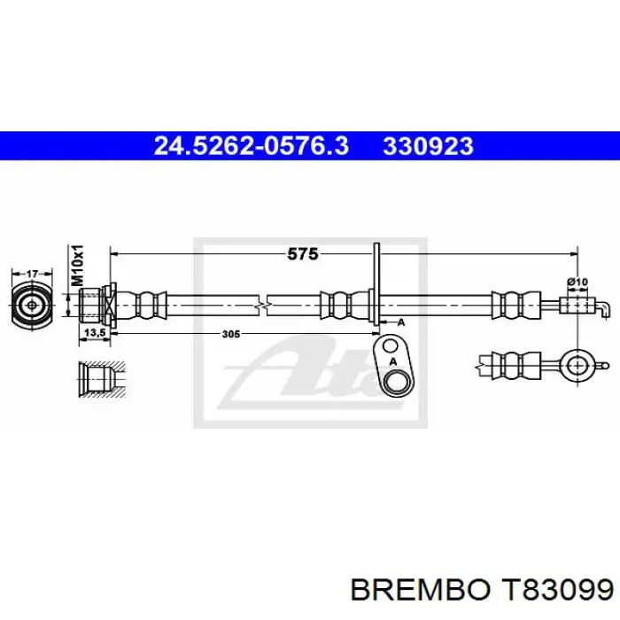 Купить T83099 Brembo Шланг тормозной передний левый