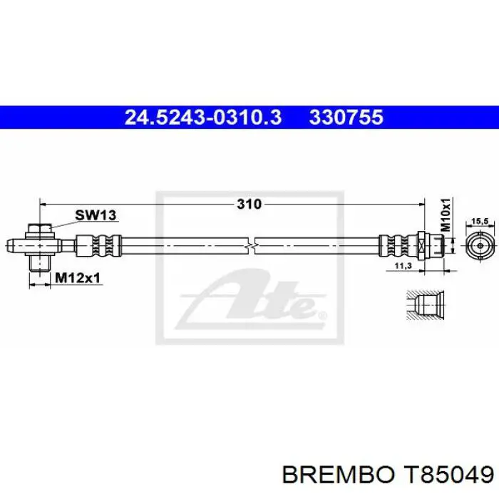 T85049 Brembo шланг тормозной задний