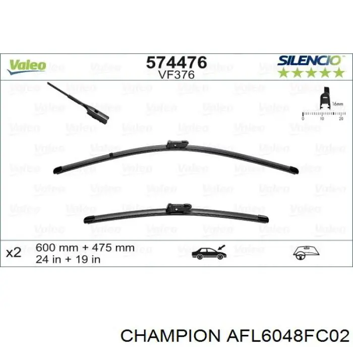 AFL6048FC02 Champion щетка-дворник лобового стекла, комплект из 2 шт.
