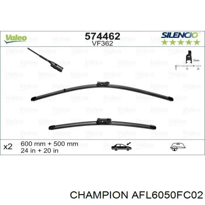 AFL6050FC02 Champion щетка-дворник лобового стекла, комплект из 2 шт.