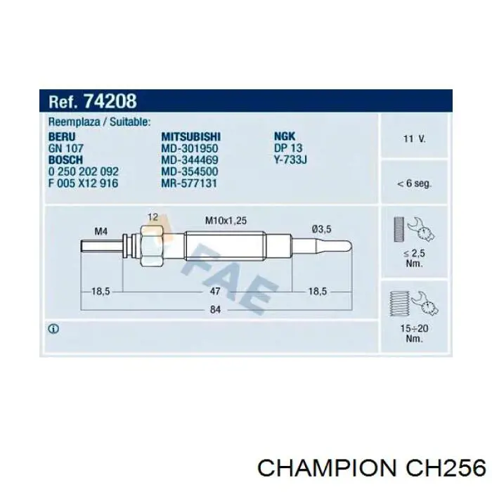 Свечи накала CH256 Champion
