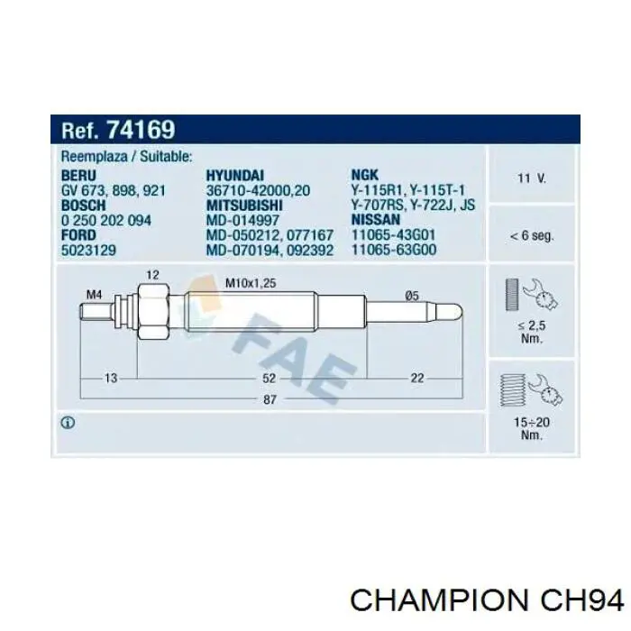 Свечи накала Champion CH94 цена, от 7.60 USD