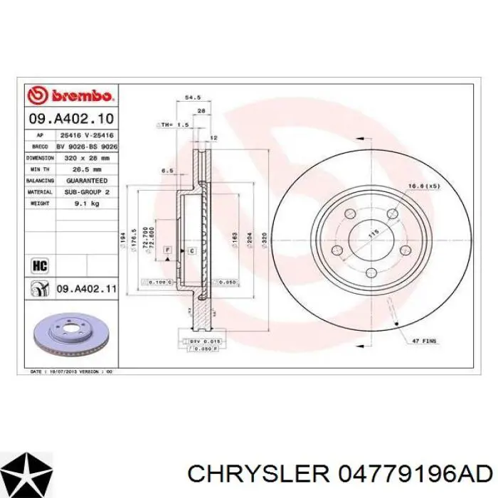 Передние тормозные диски 04779196AD Chrysler