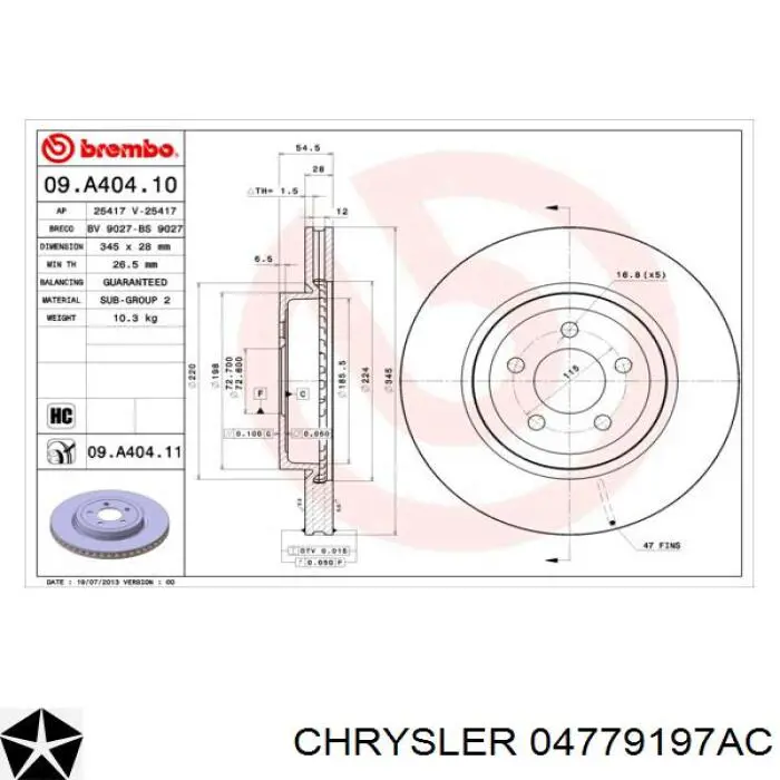 Передние тормозные диски 04779197AC Chrysler