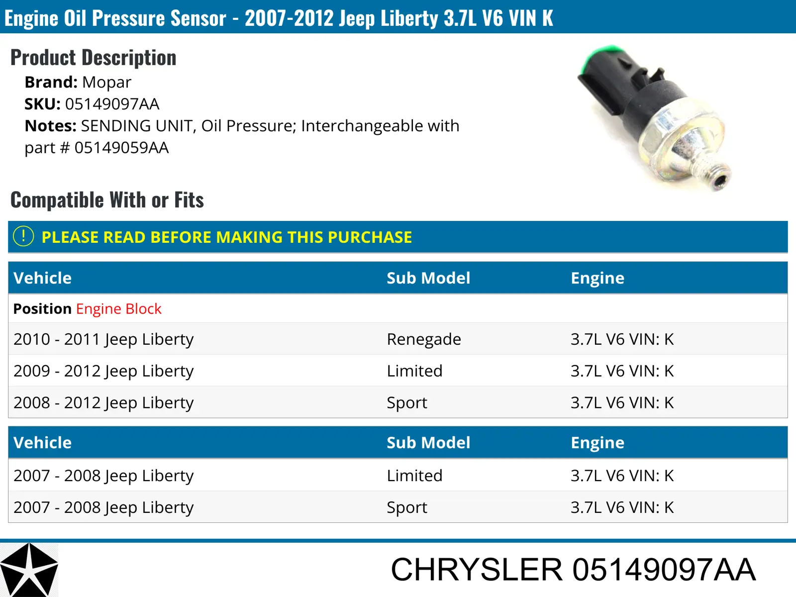 Датчик давления масла двигателя Chrysler 05149097AA