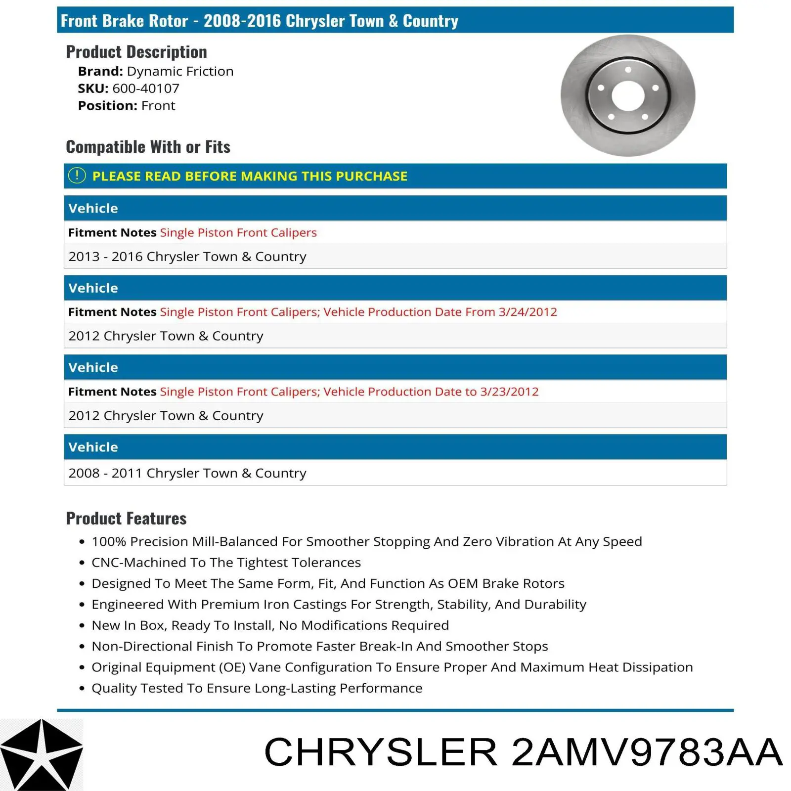 Купить 2AMV9783AA Chrysler Ротор тормозной