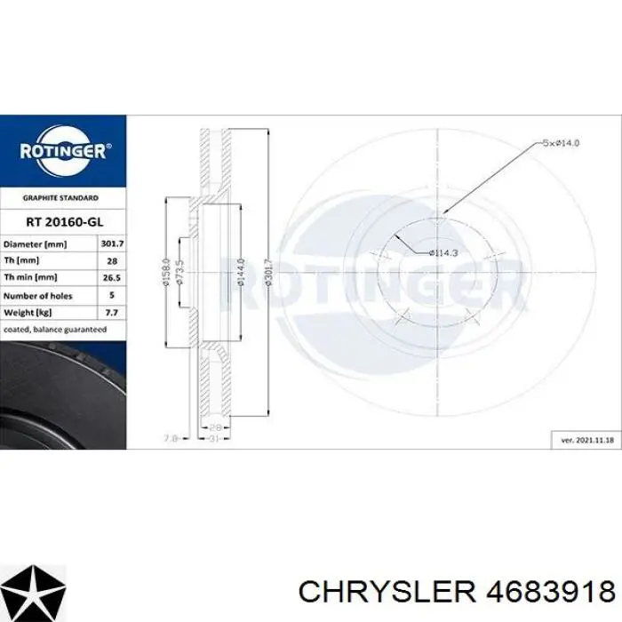 Передние тормозные диски 4683918 Chrysler