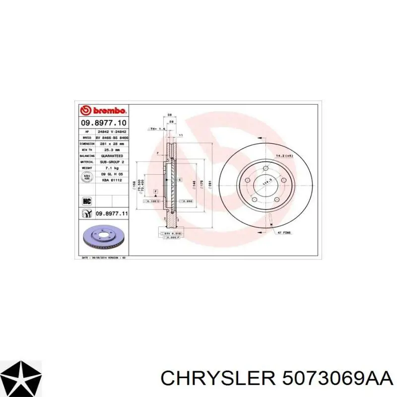 Передние тормозные диски 5073069AA Chrysler