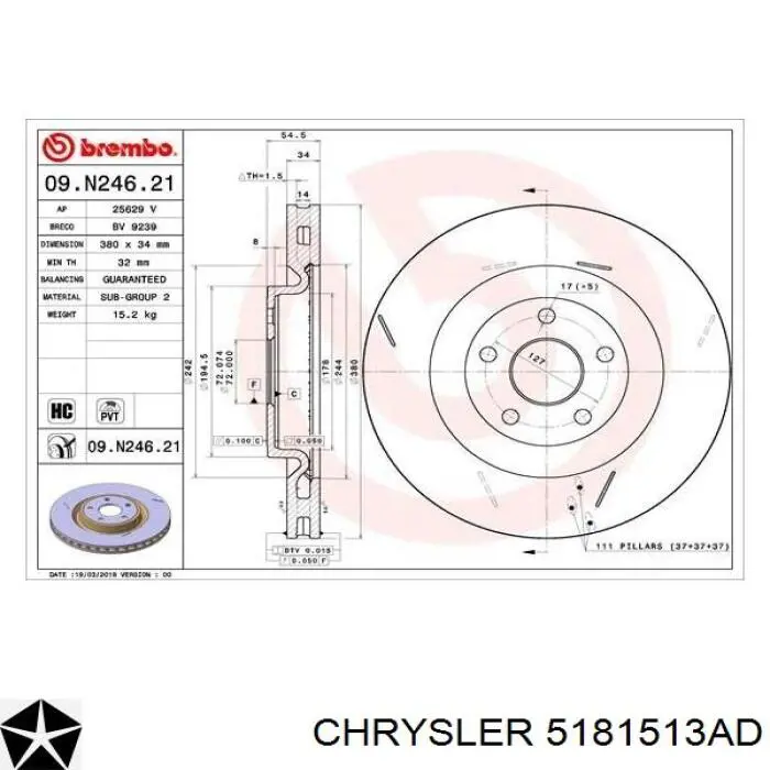 Тормоз дисковый передний Chrysler 05181513AD цена, от 120.40 USD