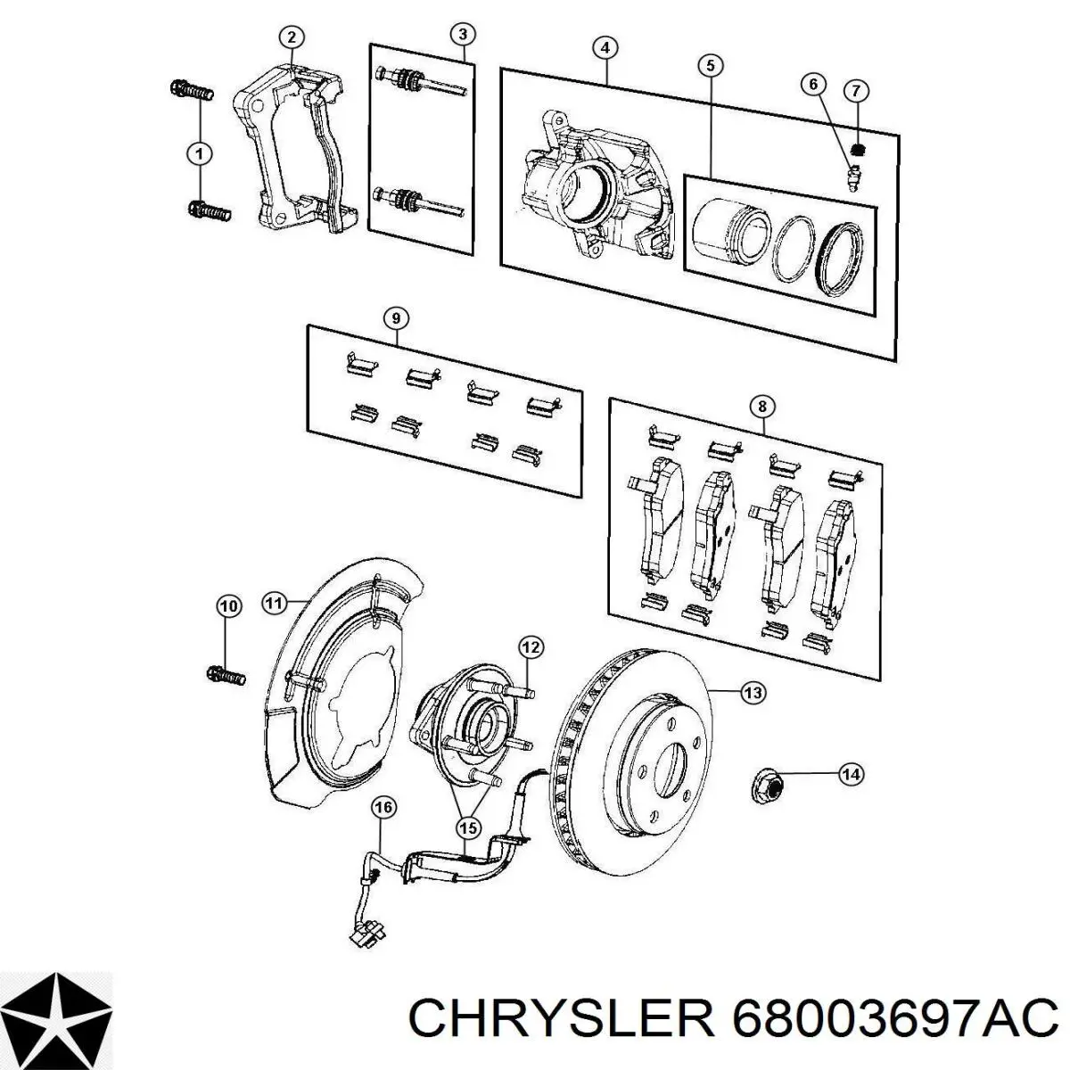 Суппорт тормозной передний правый 68003697AC Chrysler