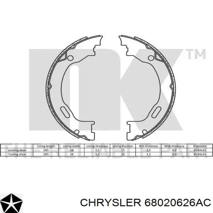 Купить 68020626AC Chrysler Колодки ручника/стояночного тормоза