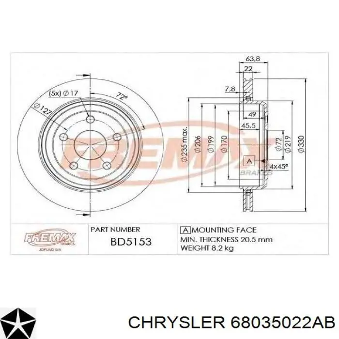 Задний тормозной диск Chrysler 68035022AB цена, от 76.87 USD