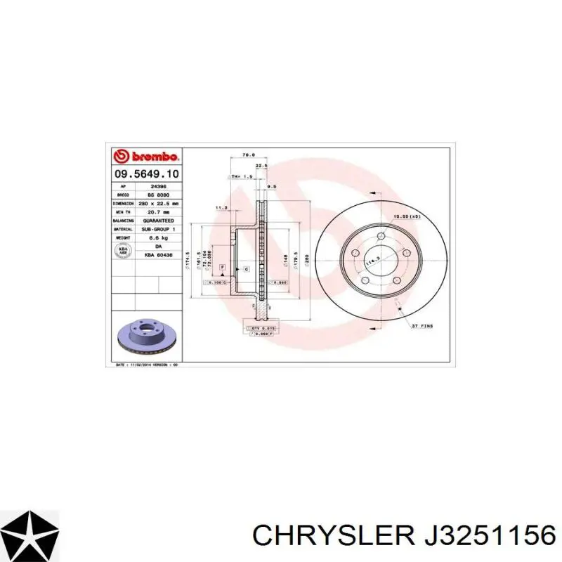 Передние тормозные диски J3251156 Chrysler