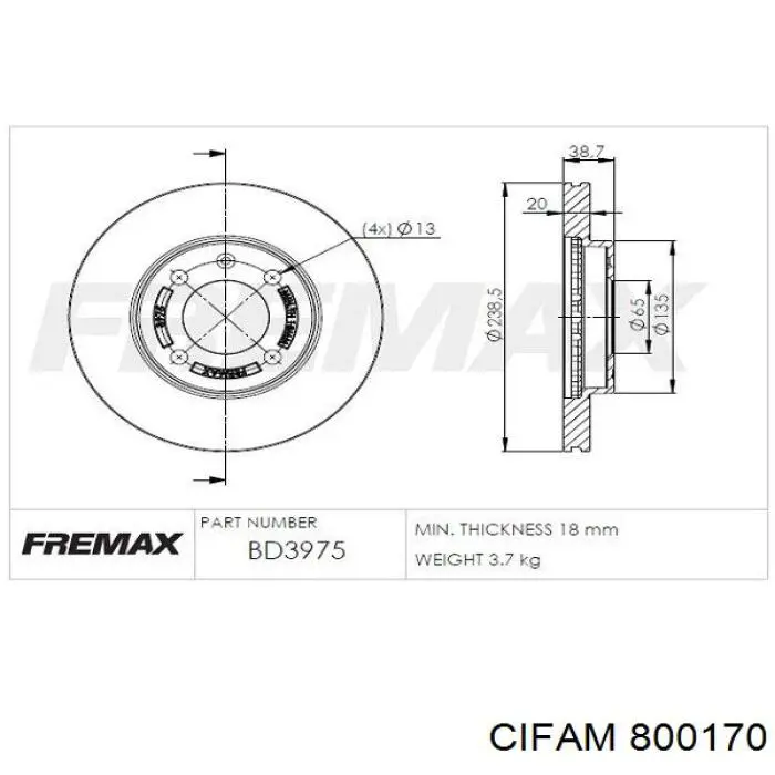 Передние тормозные диски 800170 Cifam