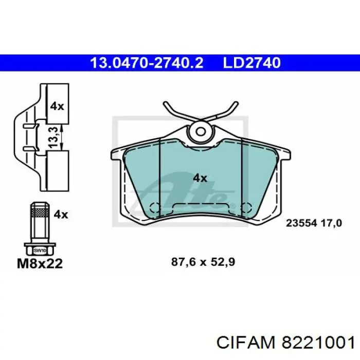 Задние дисковые колодки Cifam 8221001