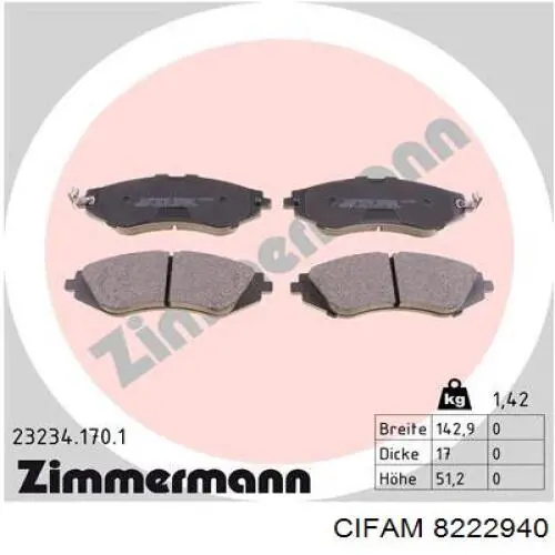 Колодки гальмівні передні, дискові 8222940 Cifam