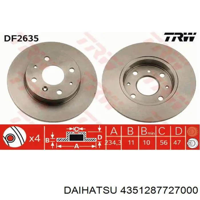 Передние тормозные диски 4351287727000 Daihatsu