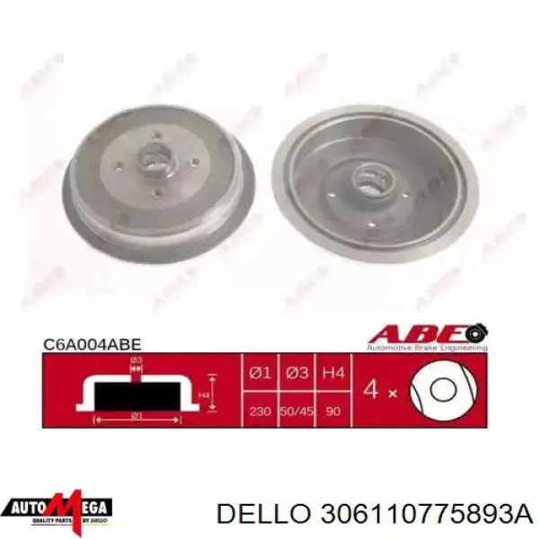 Шланг тормозной задний Dello/Automega 306110775893A