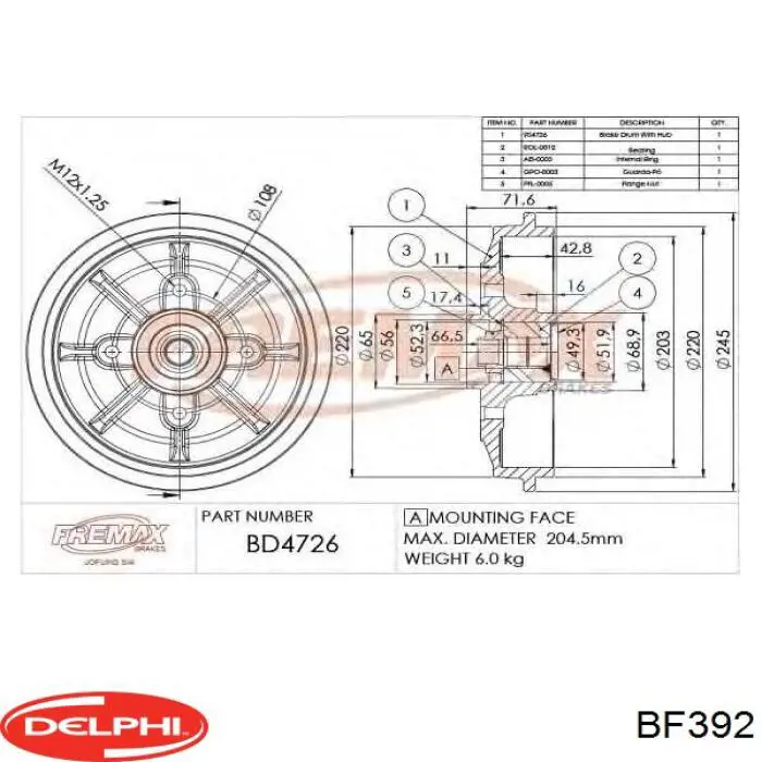 Барабан тормозной задний Delphi BF392 цена, от 36.89 USD