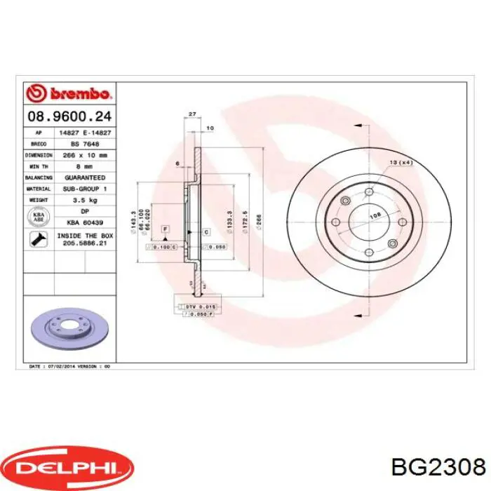 Freno de disco delantero BG2308 Delphi