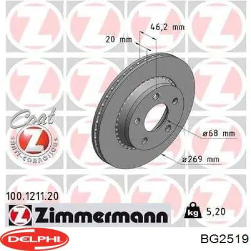 Тормозные диски BG2519 Delphi