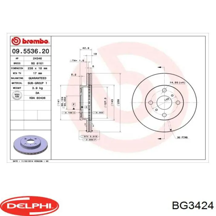 Передние тормозные диски BG3424 Delphi