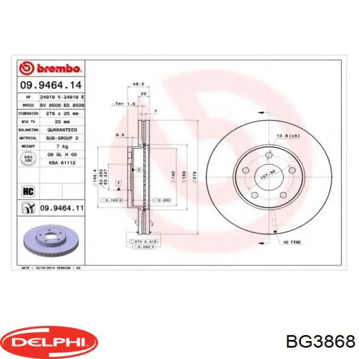 Передние тормозные диски BG3868 Delphi