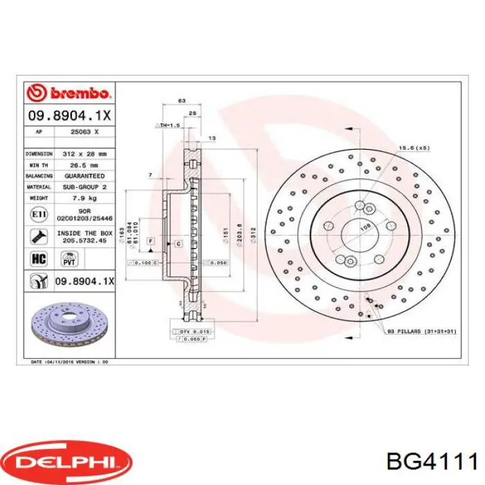 Передние тормозные диски BG4111 Delphi