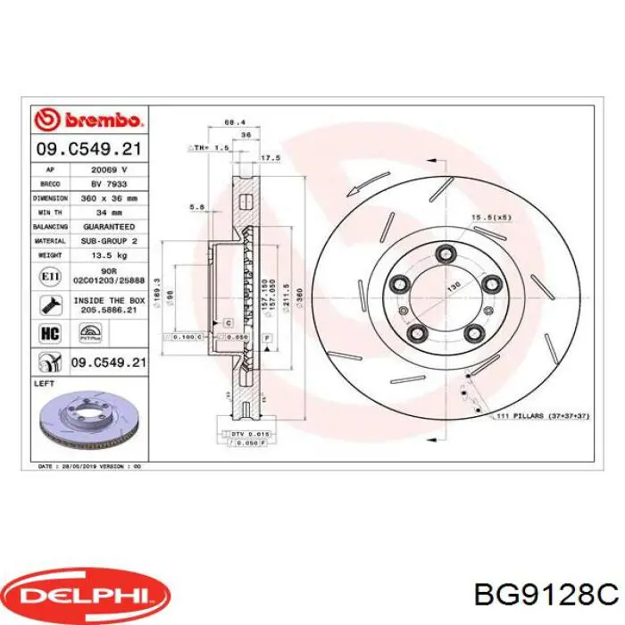 Передние тормозные диски BG9128C Delphi