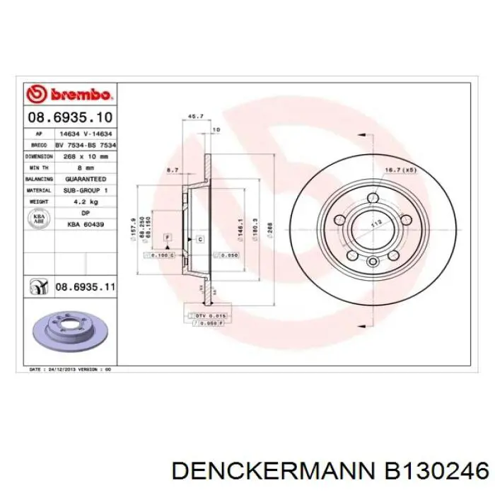 Тормозные диски B130246 Denckermann