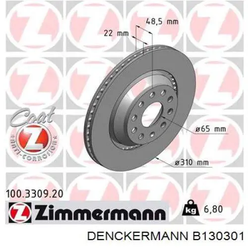 Disco de freno trasero B130301 Denckermann