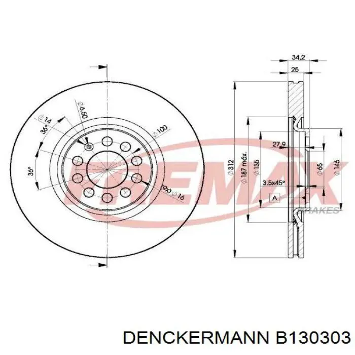 Тормоз дисковый передний Denckermann B130303 цена, от 40.39 USD