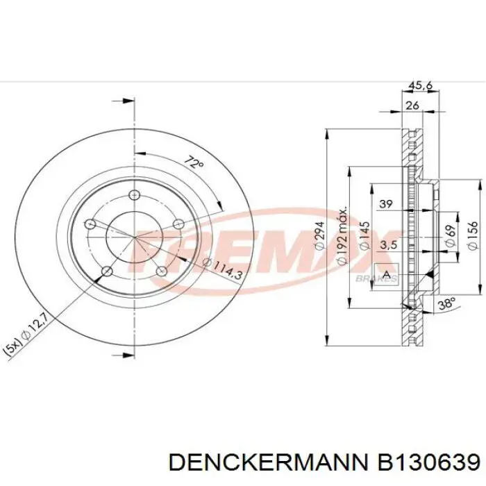 Передние тормозные диски B130639 Denckermann
