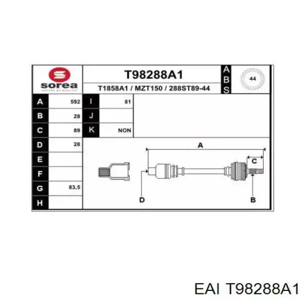 Полуось (привод) передняя правая T98288A1 EAI