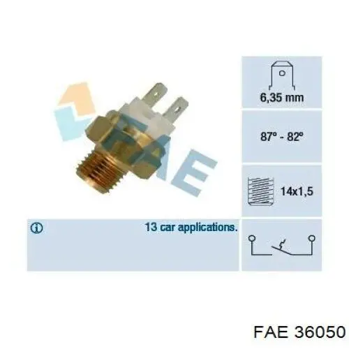 Sensor, temperatura del refrigerante (encendido el ventilador del radiador) 36050 FAE