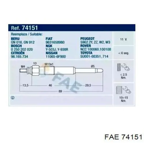 Свеча накала FAE 74151