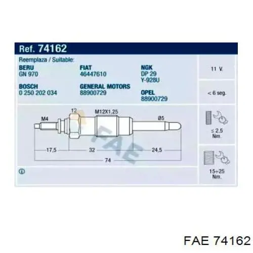 Свечи накала 74162 FAE