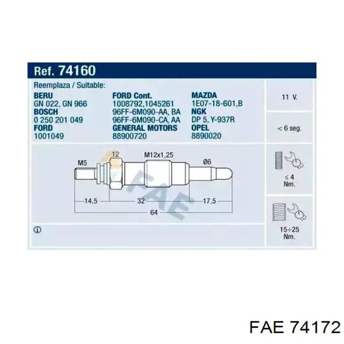 Свечи накала FAE 74172 цена, от 5.82 USD
