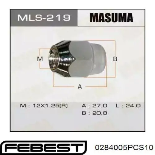 Шпилька ступицы колеса передняя Febest 0284005PCS10