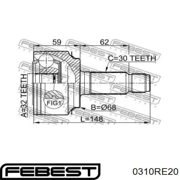 Junta homocinética exterior delantera 0310RE20 Febest