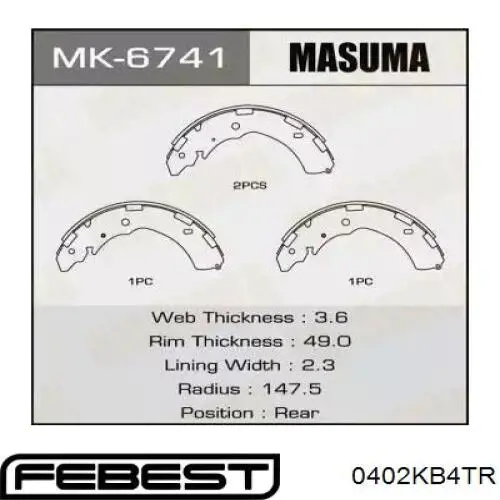 Купить 0402KB4TR Febest Задние барабанные тормозные колодки