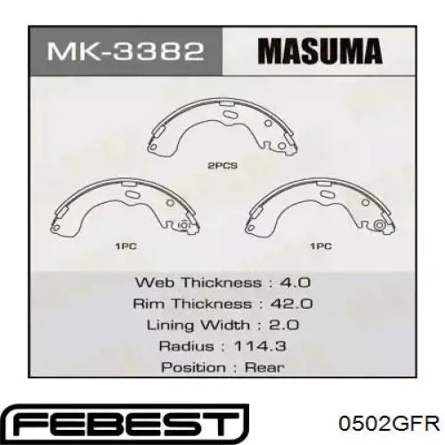 Купить 0502GFR Febest Задние барабанные тормозные колодки