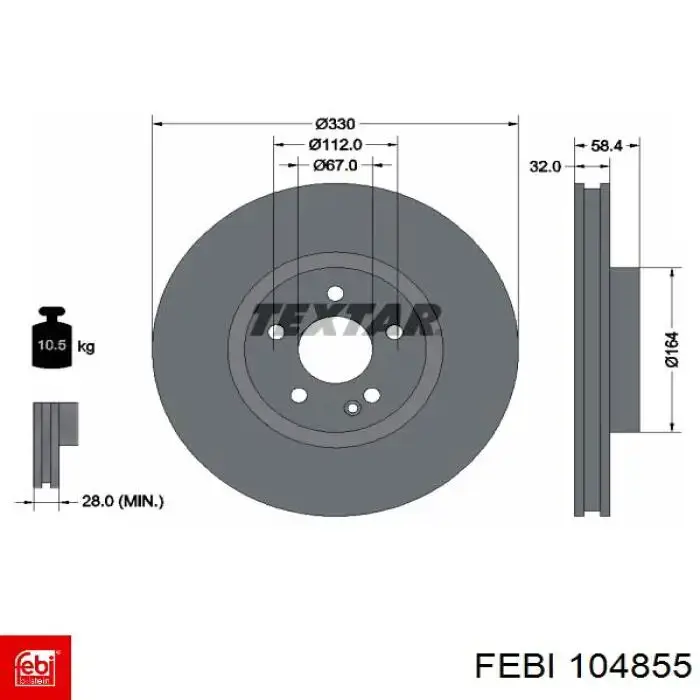 Диск гальмівний передній 104855 Febi