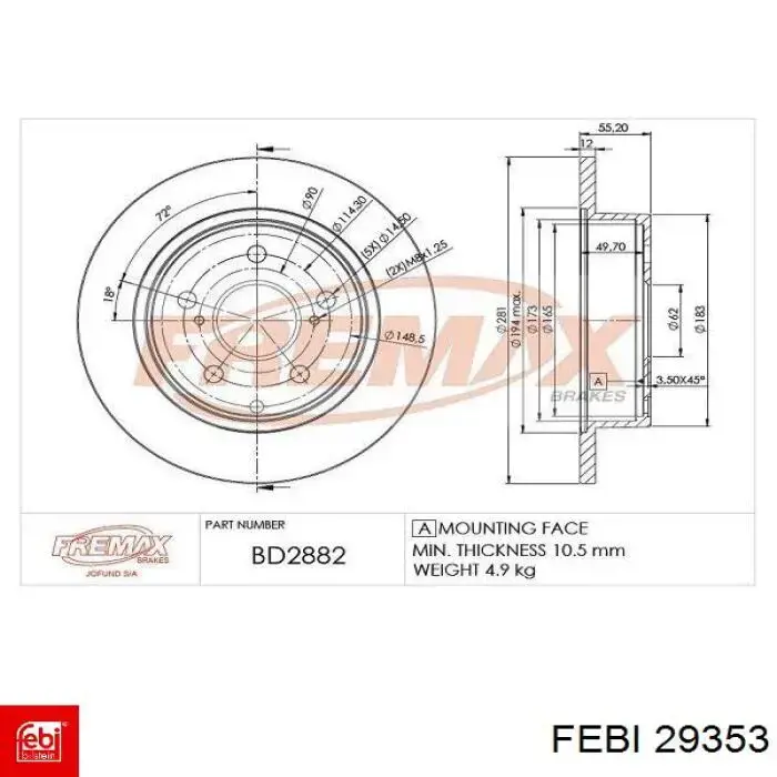Купить 29353 Febi Диск тормозной задний