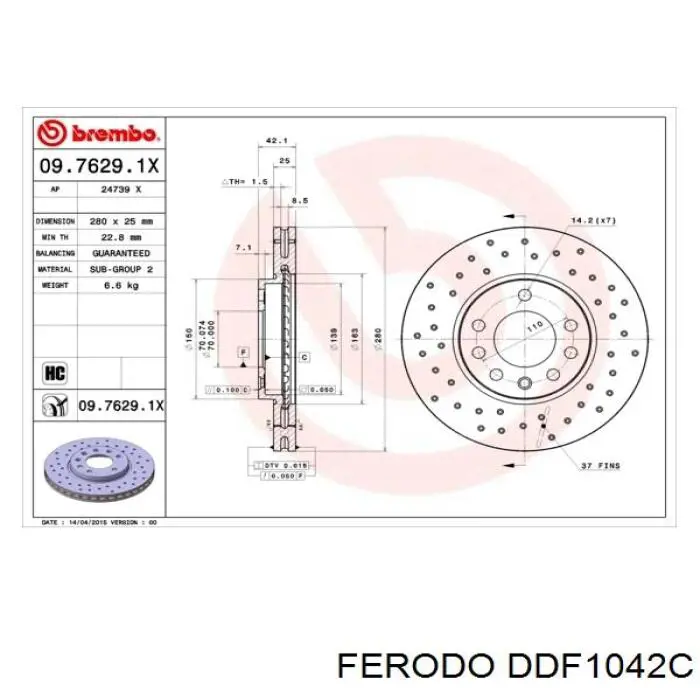 Тормоз дисковый передний Ferodo DDF1042C цена, от 39.45 USD
