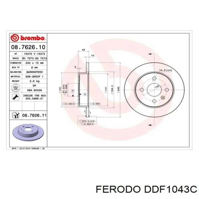 Disco de freno trasero DDF1043C Ferodo
