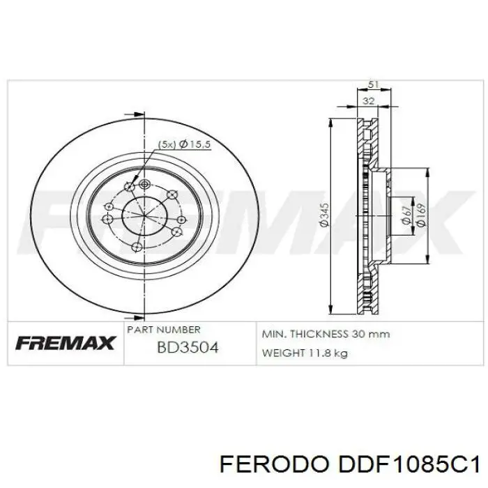 Тормоз дисковый передний Ferodo DDF1085C1 цена, от 89.23 USD