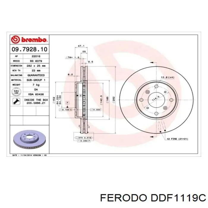 Freno de disco delantero DDF1119C Ferodo